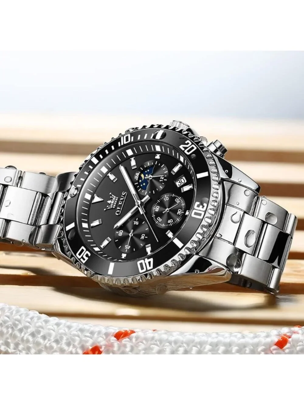 Men's Black Silver Premium Stainless Analog Rotatable Bezel Date Steel Watch
